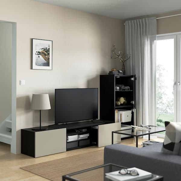 Ikea BESTÅ Glass TV/doors combination - brown-black/Glossy Selsviken/transparent beige glass 240x42x129 cm ,