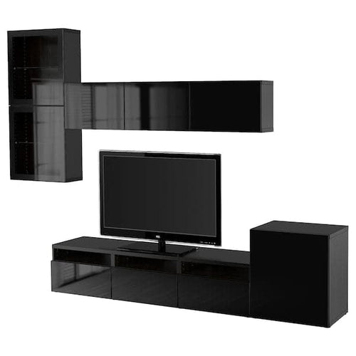 BESTÅ - TV storage combination/glass doors, black-brown/Selsviken high-gloss/black clear glass, 300x42x211 cm