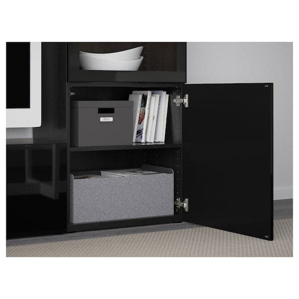 BESTÅ - TV storage combination/glass doors, black-brown/Selsviken high-gloss/black clear glass, 240x42x129 cm - best price from Maltashopper.com 19329460