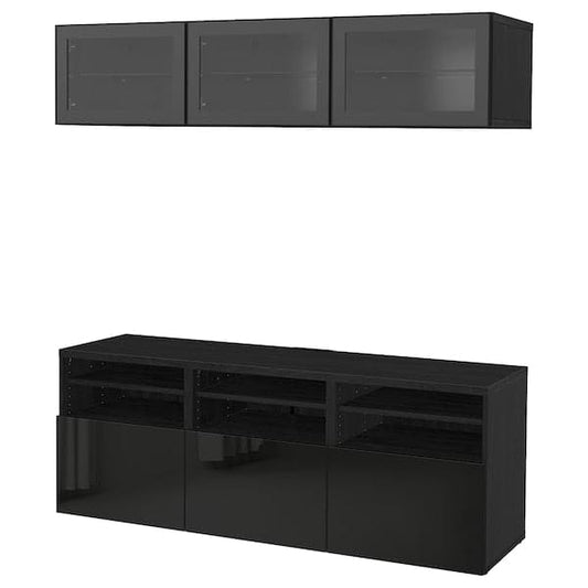 Ikea BESTÅ - TV storage combination/glass doors, black-brown/Selsviken high-gloss/black clear glass, 180x42x192 cm