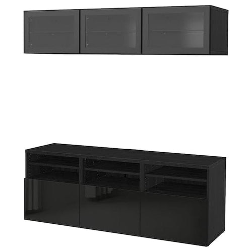 BESTÅ - TV storage combination/glass doors, black-brown/Selsviken high-gloss/black clear glass, 180x42x192 cm