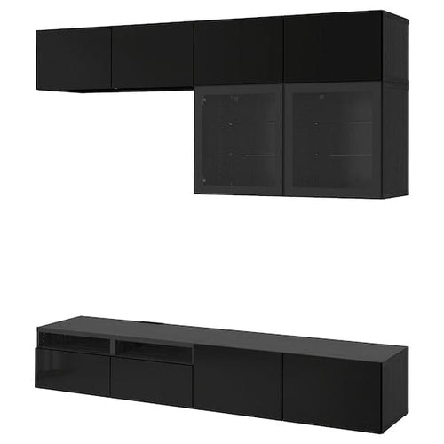 BESTÅ - TV storage combination/glass doors, black-brown/Selsviken high-gloss/black clear glass, 240x42x231 cm