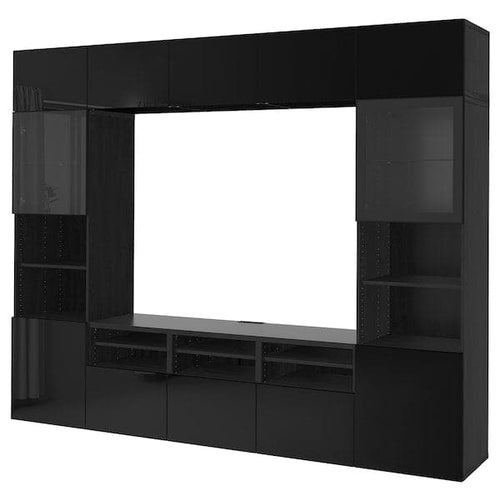 BESTÅ - TV storage combination/glass doors, black-brown/Selsviken high-gloss/black clear glass, 300x42x231 cm