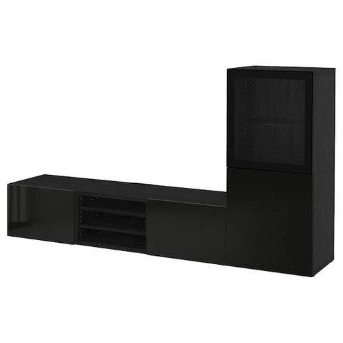 BESTÅ - TV storage combination/glass doors, black-brown/Selsviken high-gloss/black clear glass, 240x42x129 cm