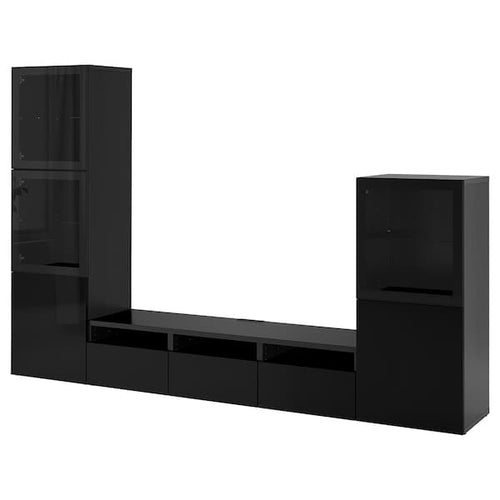 BESTÅ - TV storage combination/glass doors, black-brown/Selsviken high-gloss/black clear glass, 300x42x193 cm