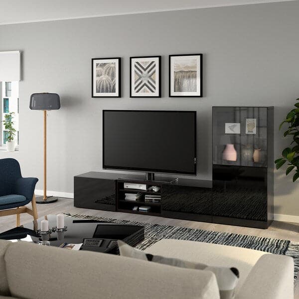 Ikea BESTÅ - TV storage combination/glass doors, black-brown/Selsviken high-gloss/black clear glass, 240x42x129 cm
