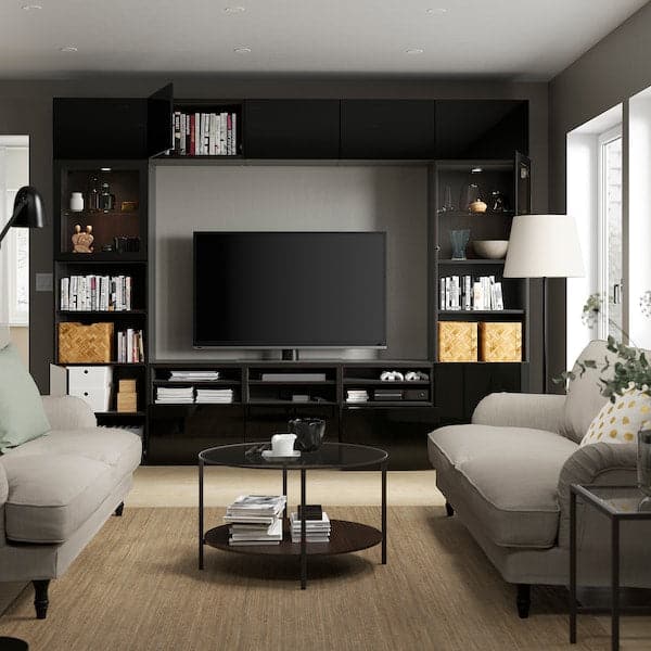 Ikea BESTÅ - TV storage combination/glass doors, black-brown/Selsviken high-gloss/black clear glass, 300x42x231 cm
