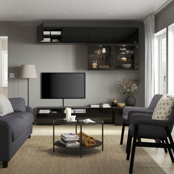 Ikea BESTÅ - TV storage combination/glass doors, black-brown/Selsviken high-gloss/black clear glass, 240x42x231 cm