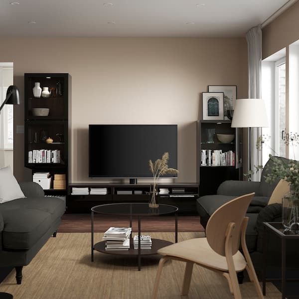 Ikea BESTÅ - TV storage combination/glass doors, black-brown/Selsviken high-gloss/black clear glass, 300x42x193 cm