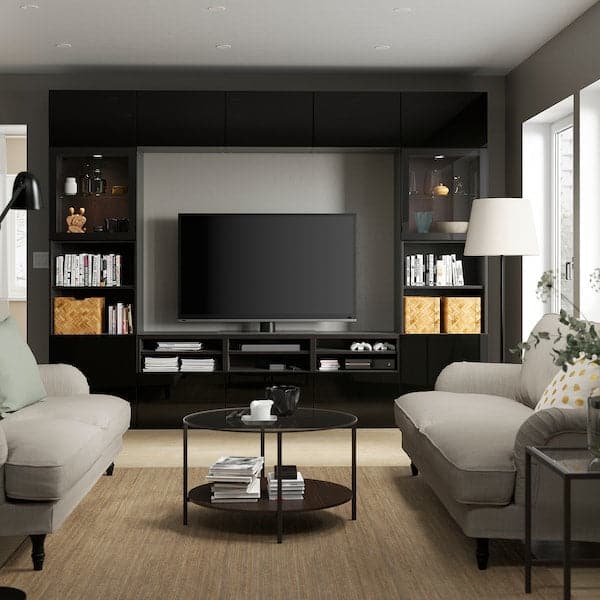 Ikea BESTÅ - TV storage combination/glass doors, black-brown/Selsviken high-gloss/black clear glass, 300x42x231 cm