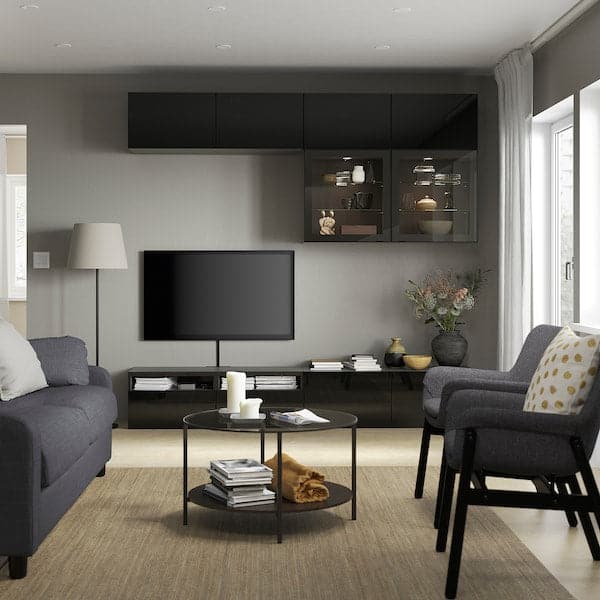Ikea BESTÅ - TV storage combination/glass doors, black-brown/Selsviken high-gloss/black clear glass, 240x42x231 cm