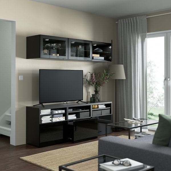 Ikea BESTÅ - TV storage combination/glass doors, black-brown/Selsviken high-gloss/black clear glass, 180x42x192 cm