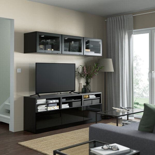 Ikea BESTÅ - TV storage combination/glass doors, black-brown/Selsviken high-gloss/black clear glass, 180x42x192 cm