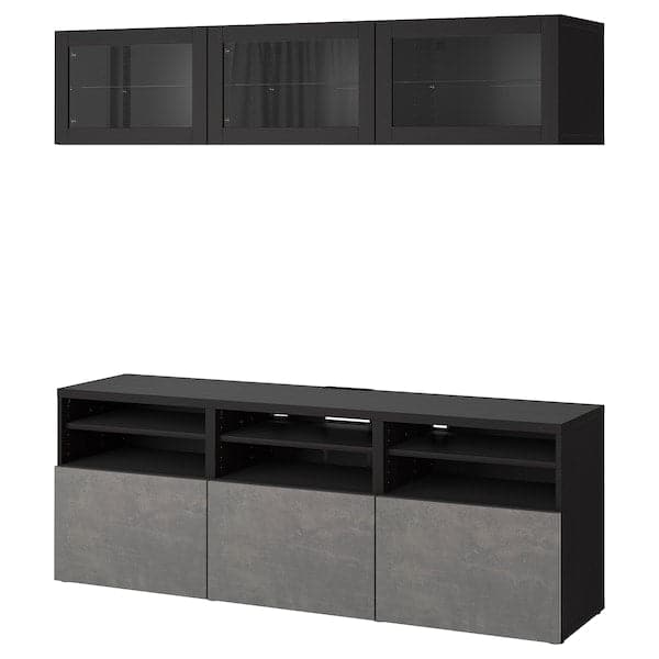 Ikea BESTÅ - TV storage combination/glass doors, black-brown Sindvik/Kallviken dark grey, 180x42x192 cm