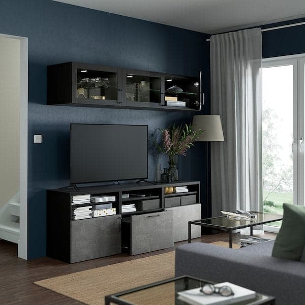 Ikea BESTÅ - TV storage combination/glass doors, black-brown Sindvik/Kallviken dark grey, 180x42x192 cm
