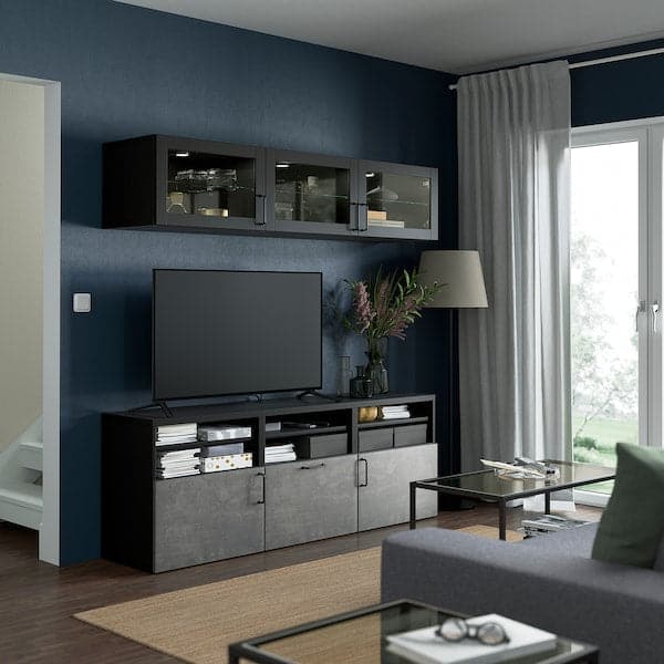 Ikea BESTÅ - TV storage combination/glass doors, black-brown Sindvik/Kallviken dark grey, 180x42x192 cm