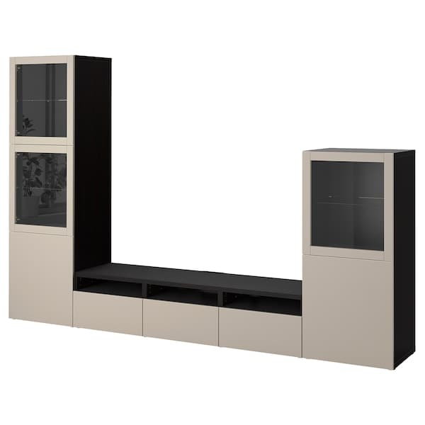 Ikea BESTÅ - TV storage combination/glass doors, black-brown Sindvik/Lappviken light grey/beige, 300x42x193 cm