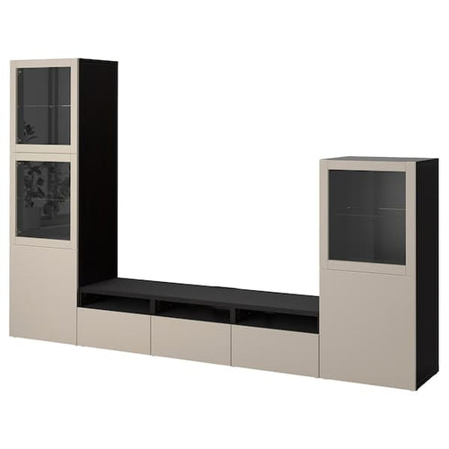 BESTÅ - TV storage combination/glass doors, black-brown Sindvik/Lappviken light grey/beige, 300x42x193 cm