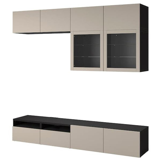 Ikea BESTÅ - TV storage combination/glass doors, black-brown Sindvik/Lappviken light grey/beige, 240x42x231 cm