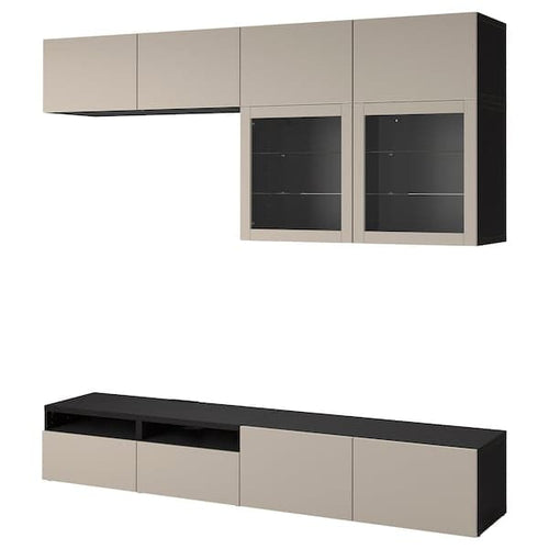 BESTÅ - TV storage combination/glass doors, black-brown Sindvik/Lappviken light grey/beige, 240x42x231 cm