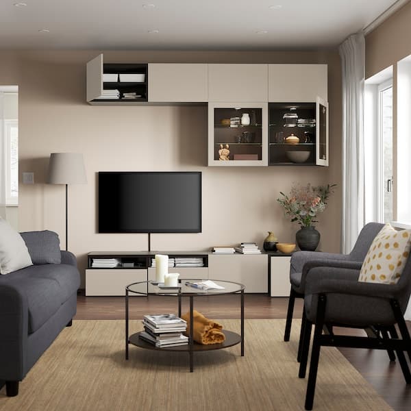 Ikea BESTÅ - TV storage combination/glass doors, black-brown Sindvik/Lappviken light grey/beige, 240x42x231 cm