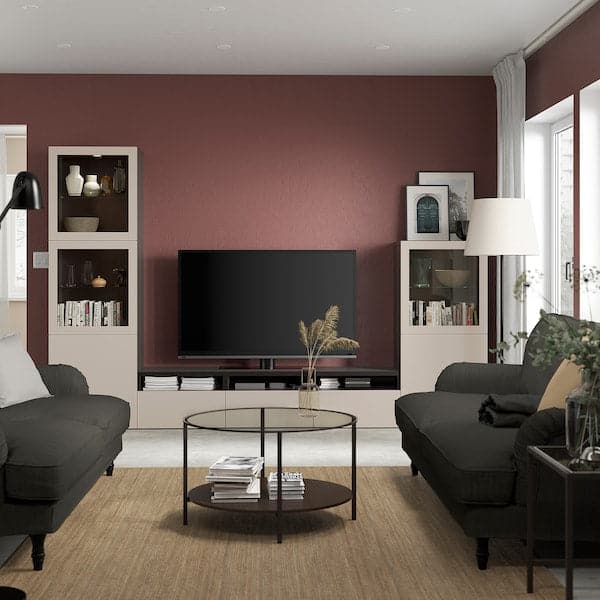 Ikea BESTÅ - TV storage combination/glass doors, black-brown Sindvik/Lappviken light grey/beige, 300x42x193 cm