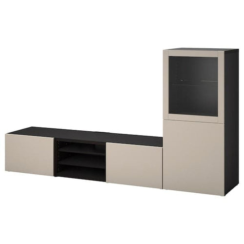 BESTÅ - TV storage combination/glass doors, black-brown Sindvik/Lappviken light grey/beige, 240x42x129 cm