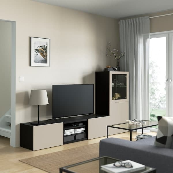 Ikea BESTÅ - TV storage combination/glass doors, black-brown Sindvik/Lappviken light grey/beige, 240x42x129 cm
