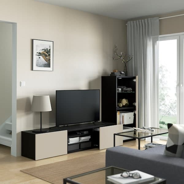 Ikea BESTÅ - TV storage combination/glass doors, black-brown Sindvik/Lappviken light grey/beige, 240x42x129 cm
