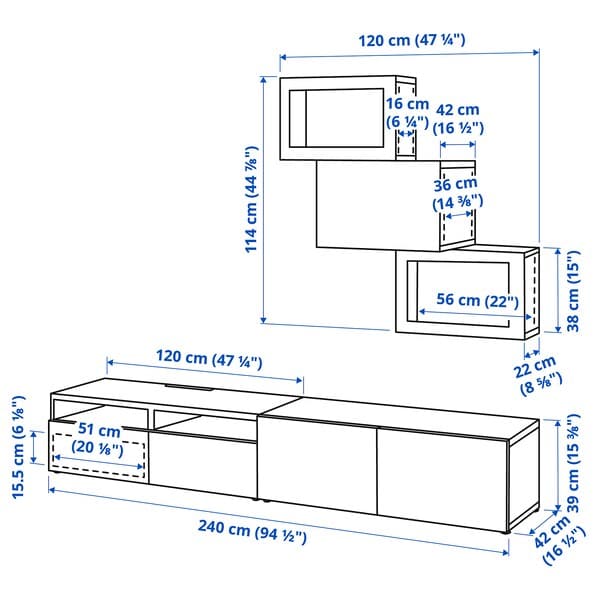 Ikea BESTÅ - TV storage combination/glass doors, black Selsviken/Fällsvik anthracite, 240x42x190 cm