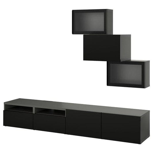 Ikea BESTÅ - TV storage combination/glass doors, black Selsviken/Fällsvik anthracite, 240x42x190 cm