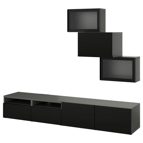 BESTÅ - TV storage combination/glass doors, black Selsviken/Fällsvik anthracite, 240x42x190 cm