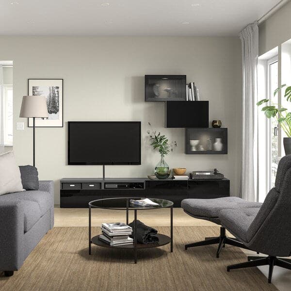 Ikea BESTÅ - TV storage combination/glass doors, black Selsviken/Fällsvik anthracite, 240x42x190 cm