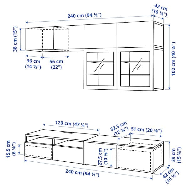 Ikea BESTÅ - TV storage combination/glass doors, dark grey Västerviken/Sindvik dark grey, 240x42x231 cm