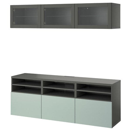 Ikea BESTÅ - TV storage combination/glass doors, dark grey Sindvik/Hjortviken pale grey-green, 180x42x192 cm