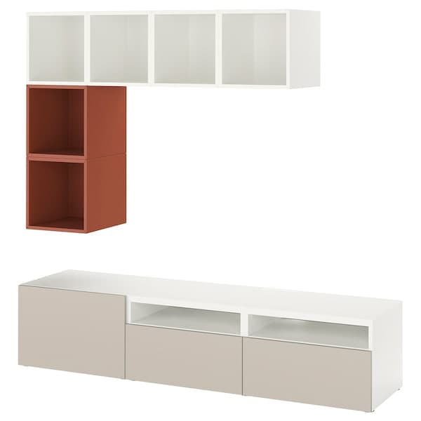 BESTÅ / EKET - Cabinet combination for TV, white/red-brown/light grey-beige, 180x42x170 cm