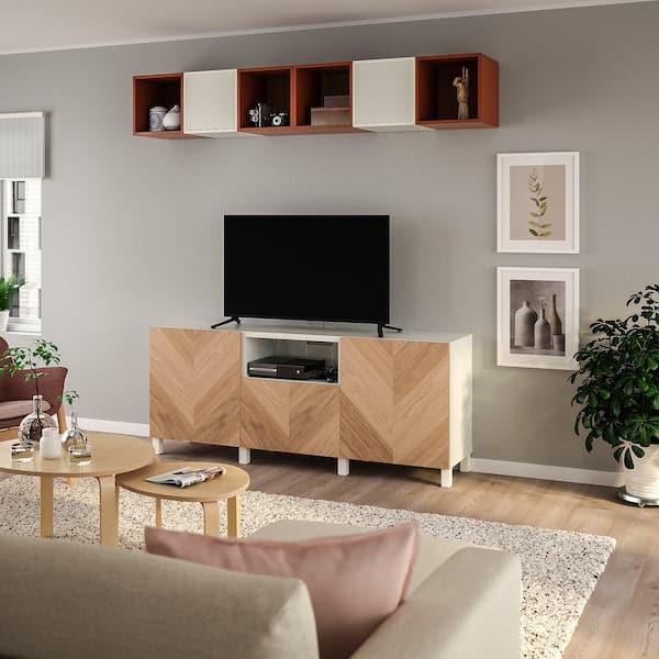 BESTÅ / EKET - Cabinet combination for TV, white/red-brown, 210x42x220 cm - best price from Maltashopper.com 29430491