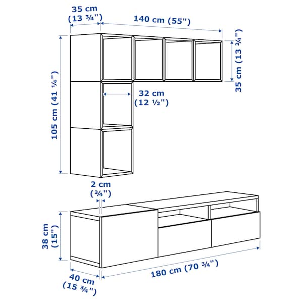 BESTÅ / EKET - Cabinet combination for TV, white/white stained oak effect, 180x42x170 cm - best price from Maltashopper.com 29286752