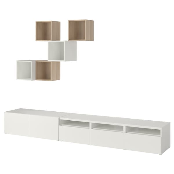 BESTÅ / EKET - Cabinet combination for TV, white/white stained oak effect, 300x42x210 cm - best price from Maltashopper.com 79437763