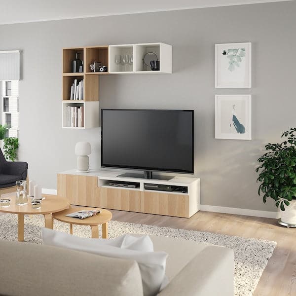 BESTÅ / EKET - Cabinet combination for TV, white/white stained oak effect, 180x42x170 cm - best price from Maltashopper.com 29286752
