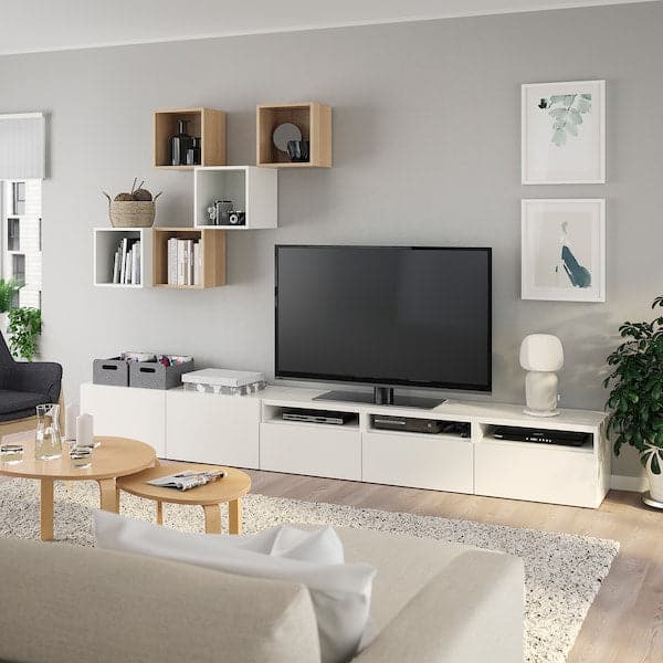 BESTÅ / EKET - Cabinet combination for TV, white/white stained oak effect, 300x42x210 cm - best price from Maltashopper.com 79437763