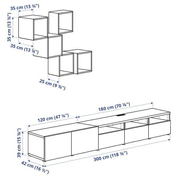 BESTÅ / EKET - Cabinet combination for TV, white/white stained oak effect, 300x42x210 cm - best price from Maltashopper.com 79437763