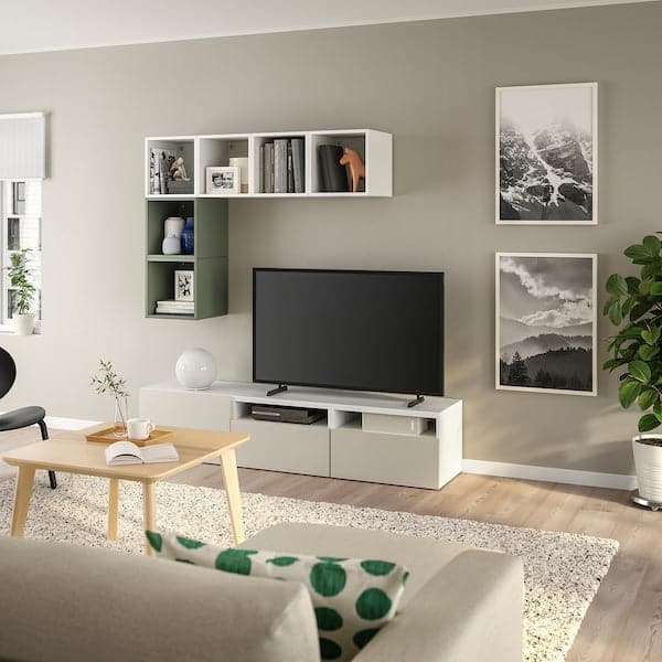 BESTÅ / EKET - Cabinet combination for TV, white/grey-green, 180x42x170 cm - best price from Maltashopper.com 09522203