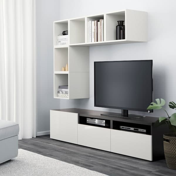 BESTÅ / EKET - Cabinet combination for TV, white/black-brown/high-gloss/white, 180x42x170 cm - best price from Maltashopper.com 89204414