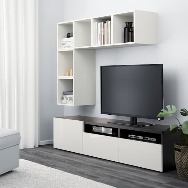 BESTÅ / EKET - Cabinet combination for TV, white/black-brown/high-gloss/white, 180x42x170 cm - best price from Maltashopper.com 49440724