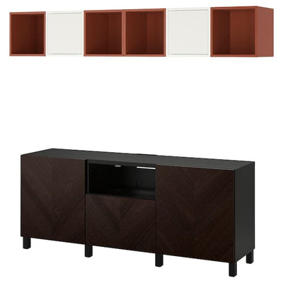 BESTÅ / EKET - Cabinet combination for TV, black-brown red-brown/stained oak veneer, 210x42x220 cm - best price from Maltashopper.com 19439741