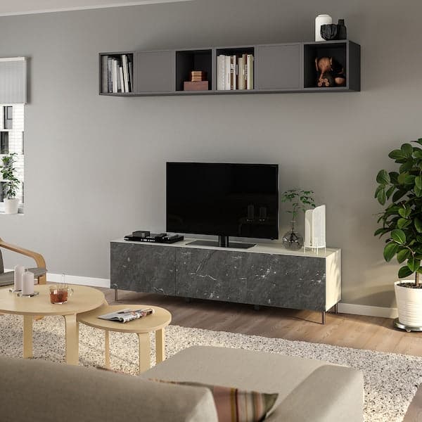 BESTÅ / EKET - TV bench, white/Bergsviken/Ösarp stainless steel, 180x42x48 cm - best price from Maltashopper.com 99476904