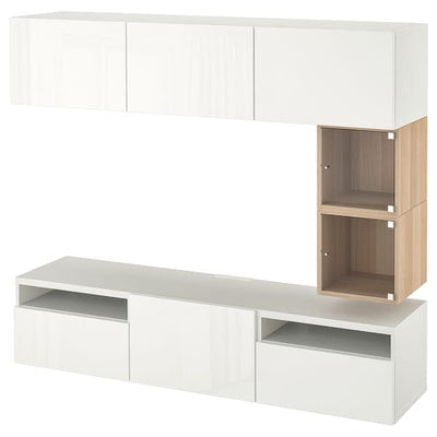BESTÅ / EKET - TV bench, white/Selsviken high-gloss/white, 180x42x166 cm - best price from Maltashopper.com 09476767