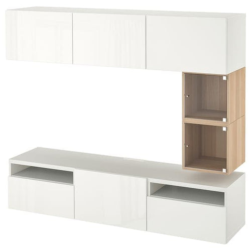 BESTÅ / EKET - TV bench, white/Selsviken high-gloss/white, 180x42x166 cm