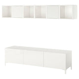BESTÅ / EKET TV bench, white/Selsviken/Nannarp high-gloss/white frosted glass, 180x42x48 cm